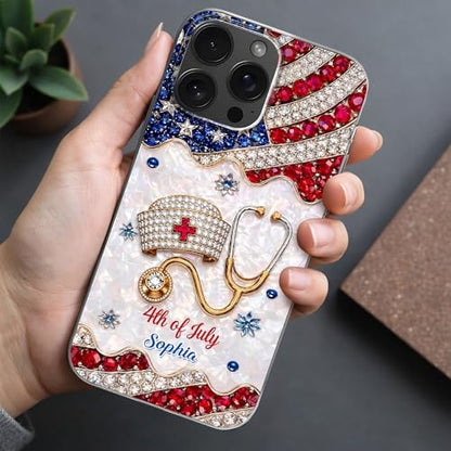 4th of July Nurse Hat, Personalized Clear Phone Case, Gift for Nurses Custom Smartphone Cover Unique Independence Day Present Protective Accessories