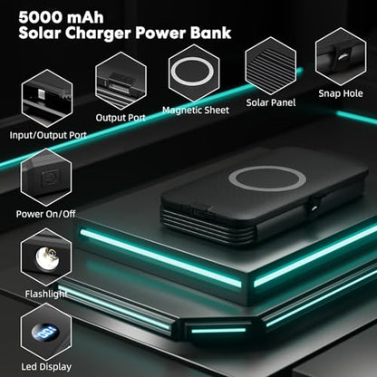 YELOMIN Solar Charger Power Bank 5000mAh with 4 Foldable Panels & 2 Built-in Cables, Wireless Portable Charger, Outdoor External Battery Pack with USB-C in/Output & SOS Flashlight for Camping Hiking