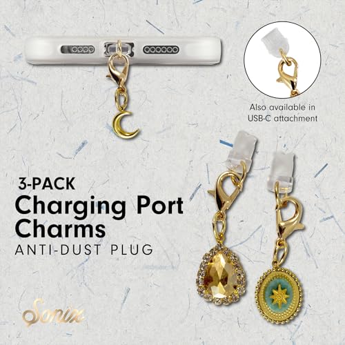 Sonix Dust Plugs - USB C + Lightning Compatible - Charging Port Charms (3 Pack) - Celestial - Sunburst, Teardrop Jewel, Crescent Moon - color: Celestial