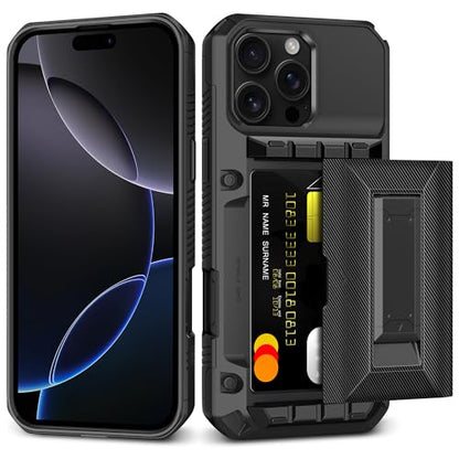 SAMONPOW for iPhone 16 Pro Case with Card Holder [4 Cards] &Kickstand Black - size: for iPhone 16 Pro
