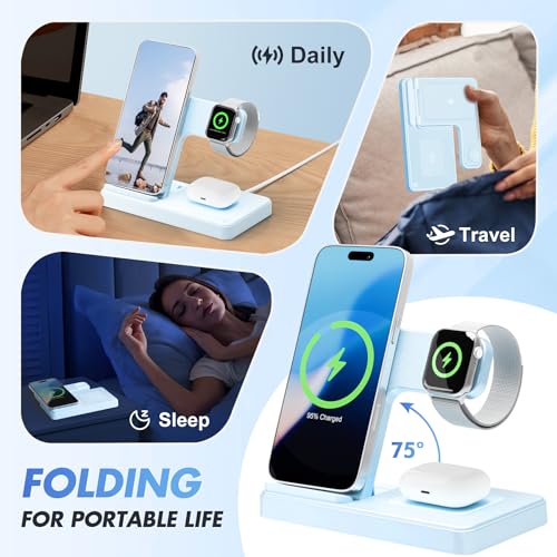 Wireless Charging Station for Apple Devices, 3 in 1 Foldable Charger Stand - color: Blue