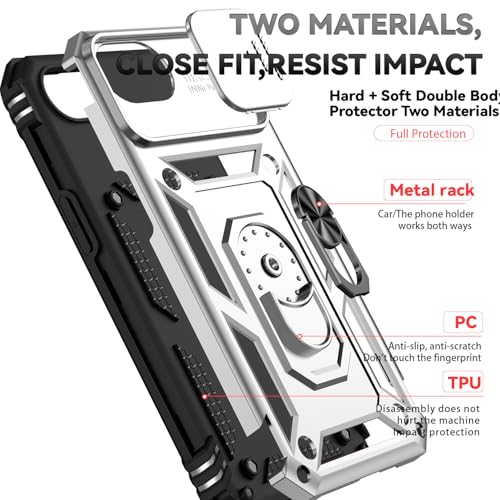 for iPhone 17E / iPhone 16E Case, with Camera Lens Cover HD Screen Protector, Dual Layer Military-Grade Drop Tested Magnetic Ring Holder Kickstand Protective Phone Case for iPhone 16E / 17E (Silver) - color: Silver with camera cover Military-Grade 2nd gen