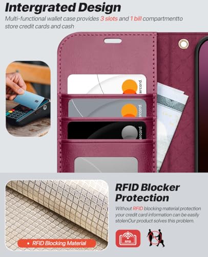 OCASE for iPhone 16 Pro Case Detachable Wallet Case with Card Holder, 2 in 1 Pu Leather Flip Folio with RFID Blocking Stand Wrist Strap Shockproof Phone Cover 6.3 Inch 2024, Burgundy | Magnetic 2 in 1 Wallet, RFID Blocking Flip Case, PU Leather Case, Kick