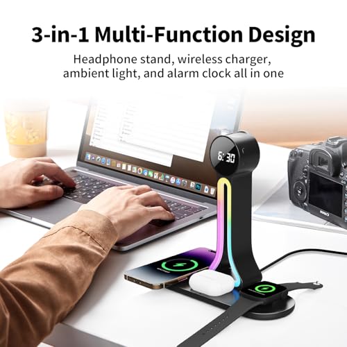 Transform Your Desk – 3-in-1 Wireless Charging Station with Headphone Stand, Dual USB Ports, 15W Fast Charger for Phone/A-irPods/A-pple Watch, RGB Light, LED Alarm Clock – Charge 5 Devices at Once