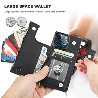 Bocasal Crossbody Wallet Case for iPhone 13 Pro with RFID Blocking Card Slot Holder, Magnetic Flip Folio Purse Case, PU Leather Zipper Handbag with Detachable Lanyard Strap 6.1 Inch 5G (Black) - color: Black