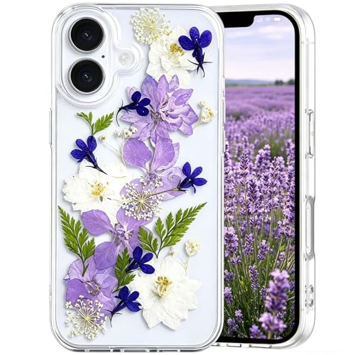 Abbery for iPhone 16 Case Cute Clear with Pressed Dry Real Floral Design Soft TPU Aesthetic Shockproof Protective Women Girl's Kawaii Trendy Navy Blue White Flower Phone Case for iPhone 16 - color: Navy Flower, size: for iPhone 16