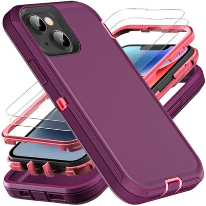 YKHJKLEC iPhone 13/14 Military Grade Case, 3 in 1 Heavy Duty Shockproof/Drop Proof/Dust Proof With 2Pcs Tempered Glass Screen Protector (Purple/Pink) - color: Purple/Pink