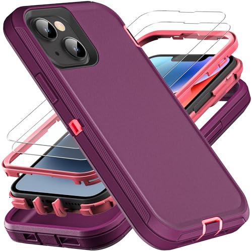 YKHJKLEC iPhone 13/14 Military Grade Case, 3 in 1 Heavy Duty Shockproof/Drop Proof/Dust Proof With 2Pcs Tempered Glass Screen Protector (Purple/Pink) - color: Purple/Pink
