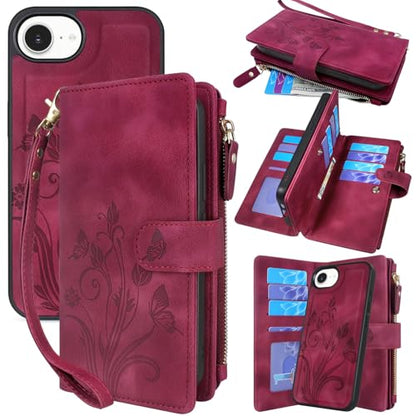 Case Wallet Compatible with iPhone 16e/17e, [12 Card Slots] ID Credit Cash Holder Zipper Pocket Detachable Leather Wallet Cover with Wrist Strap Lanyard（Floral Wine Red） - color: Floral Wine Red
