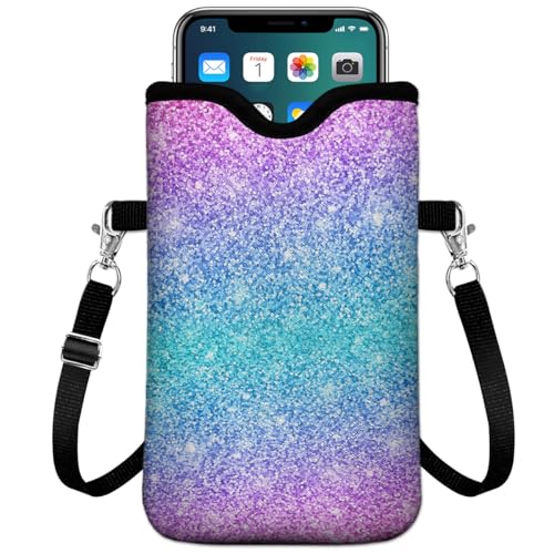 Universal Phone Sleeve Pouch with Crossbody Strap 7.6 X 4.3 Inches Shockproof Water Resistant Mobile Protection Bag-Glitter Pink Neoprene Phone Pouch Bag - color: Glitter Pink-Phone Pouch