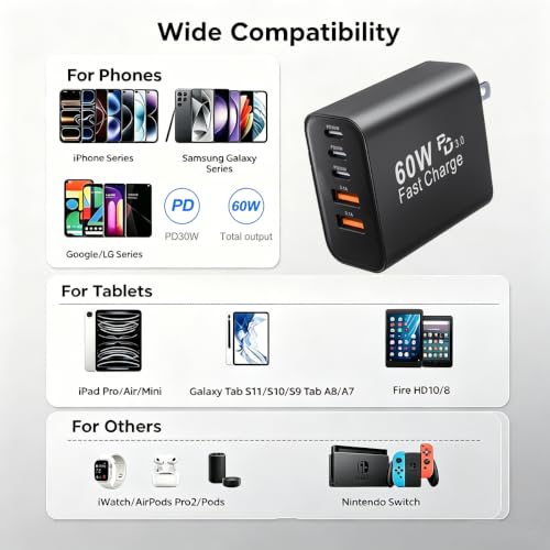 60W USB‑C Wall Charger, 5‑Port (3 USB‑C + 2 USB‑A), 2‑Pack, Black - color: black