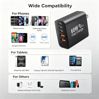 60W USB‑C Wall Charger, 5‑Port (3 USB‑C + 2 USB‑A), 2‑Pack, Black - color: black