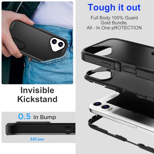 AICase for iPhone 16 Plus Case with Built-in Stand,Tripe Layer Heavy Duty Drop Protection Full Body Rugged Shockproof Military Protective Tough Durable Phone Cover for iPhone 16Plus 6.7"_7 - color: Black with Built-in Stand