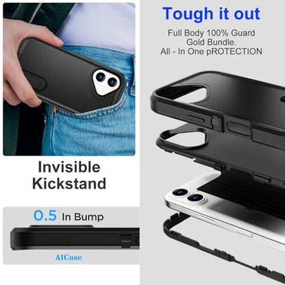 AICase for iPhone 16 Plus Case with Built-in Stand,Tripe Layer Heavy Duty Drop Protection Full Body Rugged Shockproof Military Protective Tough Durable Phone Cover for iPhone 16Plus 6.7"_7 - color: Black with Built-in Stand