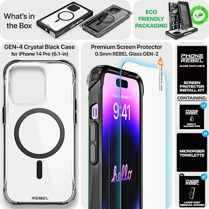 REBEL Clear Case for iPhone 14 Pro [Crystal Series Gen-4] Strong MagSafe Compatible, Anti-Scratch, Non-Yellowing, Protective Shockproof Bumpers, Metal Buttons, 6.1 in Phone Cover 2023 (Crystal Black) - color: Crystal Black, size: iPhone 14 Pro
