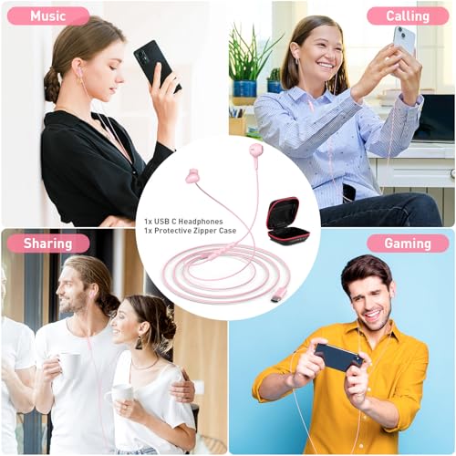 USB C Headphones Magnetic Wired Earbuds with Mic Volume Control 4ft Pink - color: Rose-Pink