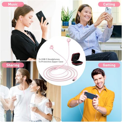 USB C Headphones Magnetic Wired Earbuds with Mic Volume Control 4ft Pink - color: Rose-Pink