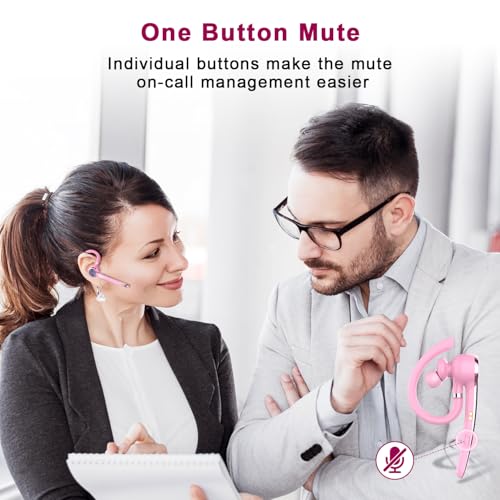 HEIBAS Bluetooth Headset, Wireless Earpiece with Mic for Work - color: Pure Pink