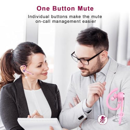 HEIBAS Bluetooth Headset, Wireless Earpiece with Mic for Work - color: Pure Pink
