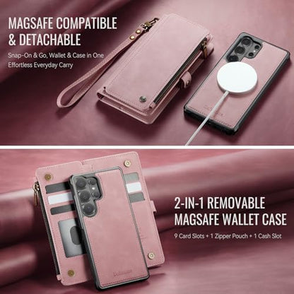 Defencase for Galaxy S26 Ultra Case Wallet Compatible with Magsafe, Pink | Magnetic Detachable, RFID Bolcking Card Holder, Zipper Strap, PU Leather Drop-Proof Phone Cover for Samsung Galaxy S26 Ultra - color: (Detachable with Magsafe)-Pink