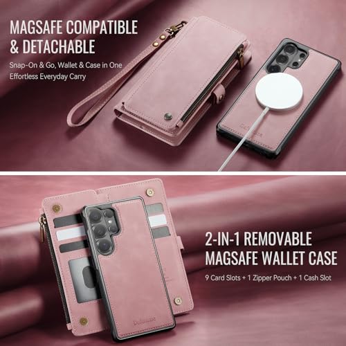 Defencase for Galaxy S26 Ultra Case Wallet Compatible with Magsafe, Pink | Magnetic Detachable, RFID Bolcking Card Holder, Zipper Strap, PU Leather Drop-Proof Phone Cover for Samsung Galaxy S26 Ultra - color: (Detachable with Magsafe)-Pink