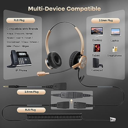 MAIRDI Phone Headset with RJ9 & 3.5mm Jacks for Call Center Deskphone Cell Phone PC Laptop, Office Landline Telephone Headset with Microphone Noise Canceling for Polycom Avaya Nortel