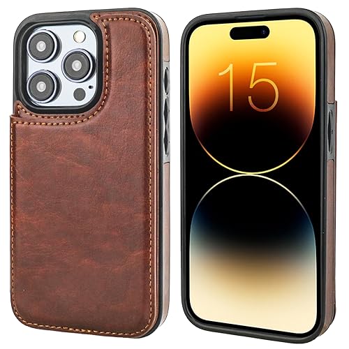 ONETOP for iPhone 15 Pro Wallet Case with Credit Card Holder,Brown | Kickstand,ID/Cash Holder,Case Wallet with Card Slots,Double Magnetic Clasp,Durable PU Leather Shockproof Cover for Women Men - color: Brown