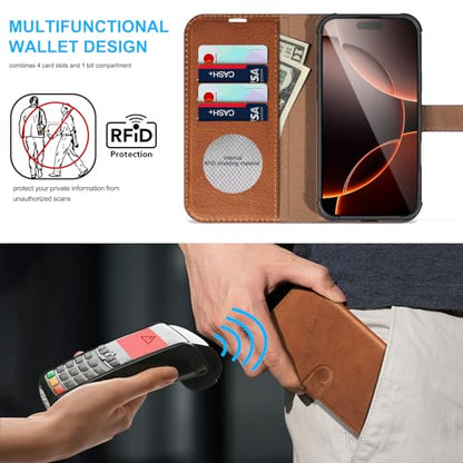 Genuine Leather Wallet Case for iPhone 16 Pro Max, Yellow Brown | 2-in-1 Magnetic Detachable, Shockproof, Flip Folio with Card Slot, RFID Blocking - color: Yellow Brown, size: 16 Pro Max 6.9‘’
