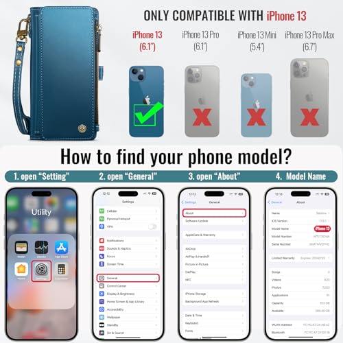 Defencase for iPhone 13 Wallet Case with RFID Blocking Card Holder, Blue | Durable Soft PU Leather, with Zipper Pocket, Wrist Strap, Fashion Snap Flip Phone Cases Cover with Stand for Women and Men - color: Dark Blue