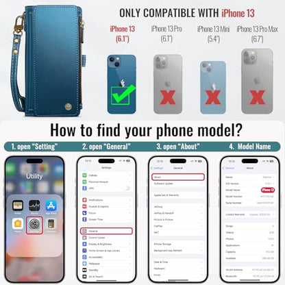 Defencase for iPhone 13 Wallet Case with RFID Blocking Card Holder, Blue | Durable Soft PU Leather, with Zipper Pocket, Wrist Strap, Fashion Snap Flip Phone Cases Cover with Stand for Women and Men - color: Dark Blue