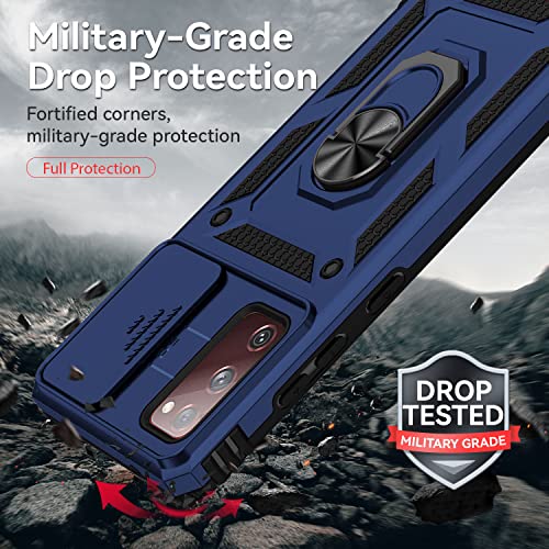 for Samsung Galaxy S20 FE 5G Case with Camera Lens Cover HD Screen Protector, Military-Grade Drop Tested Magnetic Ring Holder Kickstand Protective Phone Case for Samsung Galaxy S20 FE 5G (Navy Blue) - color: Navy Blue with camera cover Military-Grade 2nd