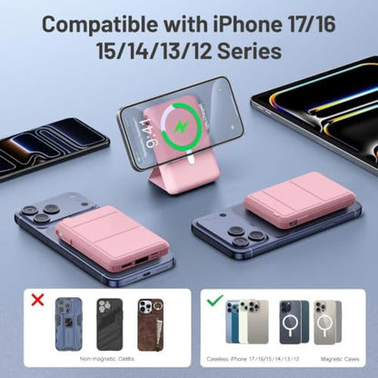 Azmuth for MagSafe Portable Charger, 10000mAh Magnetic Power Bank | 20W PD Fast Charging Magnetic Travel Charger with Dual USB-C LED Display for iPhone 17/16/15/14/13/12 Series - color: Pink