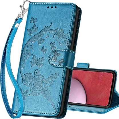 for Samsung Galaxy A14 5G Wallet case, Blue-Flower | 3 Card Holders, Kickstand, Shockproof TPU Shell, PU Leather, Magnetic Closure, Protective Flip Folio Cover, Women - color: 7