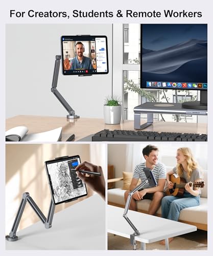 YICOSUN Tablet Stand for Desk - Heavy Duty Aluminum iPad Arm Mount with Super Grip Clamp, 360° Rotating Foldable Holder for 4.7-13" iPad, Kindle, Phone - Reading, Drawing, Video Call - Gray - color: Gray