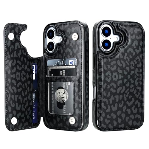 HAOPINSH Wallet Case with Card Holder for Phone 17, Black Leopard Cheetah Pattern Back Flip Folio PU Leather Kickstand Card Slots Case, Double Magnetic Clasp Shockproof 6.3" - color: Black Leopard