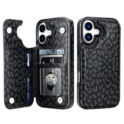 HAOPINSH Wallet Case with Card Holder for Phone 17, Black Leopard Cheetah Pattern Back Flip Folio PU Leather Kickstand Card Slots Case, Double Magnetic Clasp Shockproof 6.3" - color: Black Leopard