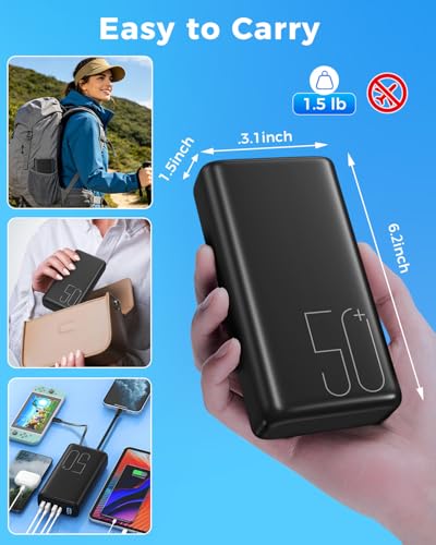 51000mAh Portable Charger with Built-in USB-C & Lightning Cables, 22.5W Fast Charging Power Bank, High Capacity Battery Pack for iPhone, Samsung, Android, Travel, Camping