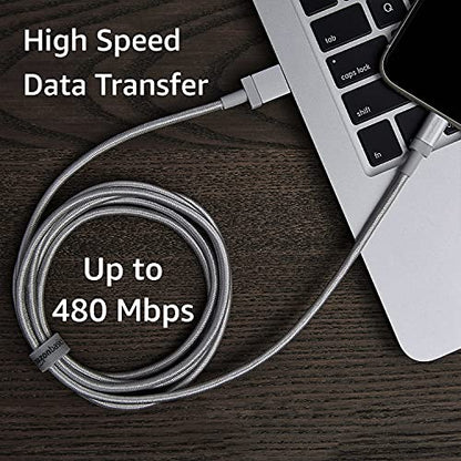 Amazon Basics USB-A to Lightning Charger Cable, MFi Certified, Nylon Braided Cord, Fast Charging for Apple iPhone 14 13 12 11 X Xs Pro, Pro Max, Plus, iPad, 6 Foot, Silver - size: 6 ft