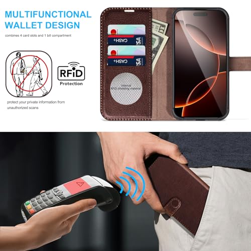 Genuine Leather Wallet Case for iPhone 15 Pro Max, Dark Brown | Magnetic Detachable, 2-in-1 Flip Folio, RFID Blocking, Wireless Charging - color: Dark Brown, size: 15 Pro Max 6.7‘’