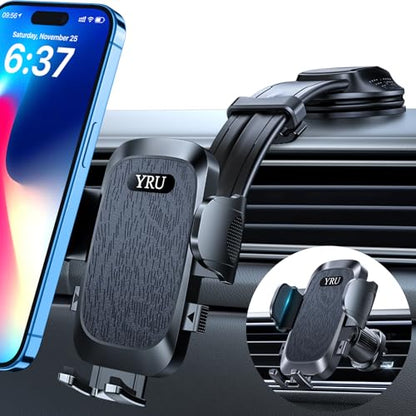 YRU [2026 Ultimate Car Phone Holder Mount [Bendable & Adjustable Aluminum Arm] Cell Phone Holder for Car Dashboard Windshield Phone Stand for iPhone 17 16 15 14 Pro Max Samsung Pickup Truck, Black - color: Black