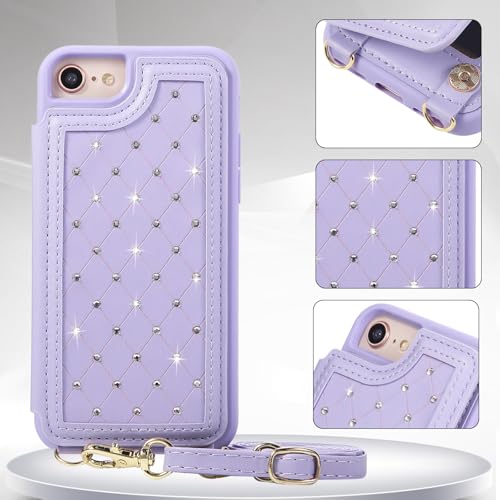 for iPhone 7/8/SE 2022/SE 2020 Wallet Case with Card Holder Slots and Strap, RFID Blocking Magnetic Flip Folio Cover, Crossbody Purse Protection Case with Kickstand,Purple Diamond - color: Purple Diamond, size: iPhone 7/8/SE 2022/SE 2020(6.6")