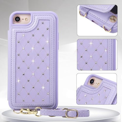 for iPhone 7/8/SE 2022/SE 2020 Wallet Case with Card Holder Slots and Strap, RFID Blocking Magnetic Flip Folio Cover, Crossbody Purse Protection Case with Kickstand,Purple Diamond - color: Purple Diamond, size: iPhone 7/8/SE 2022/SE 2020(6.6")