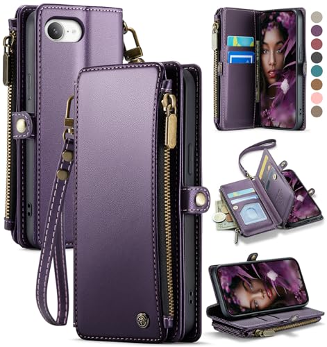 Defencase for iPhone 17E & 16E Wallet Phone Case with Card Holder, Purple | Durable Soft PU Leather, with RFID Blocking Zipper Pocket, Strap, Magnetic Snap Flip Cases Cover with Stand for Women Men - color: Aesthetic Purple