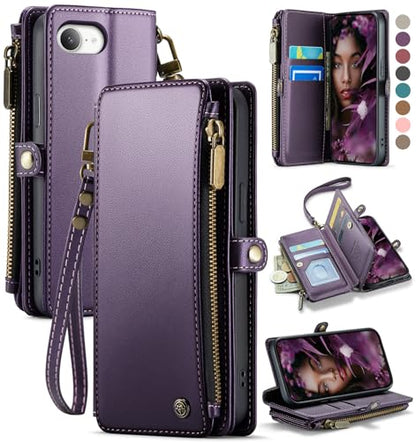 Defencase for iPhone 17E & 16E Wallet Phone Case with Card Holder, Purple | Durable Soft PU Leather, with RFID Blocking Zipper Pocket, Strap, Magnetic Snap Flip Cases Cover with Stand for Women Men - color: Aesthetic Purple