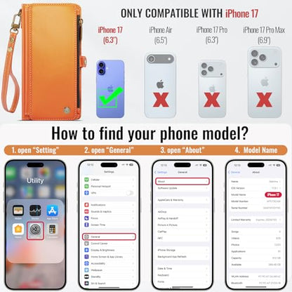 Defencase for iPhone 17 Wallet Case with RFID Blocking Card Holder, Orange - color: Orange