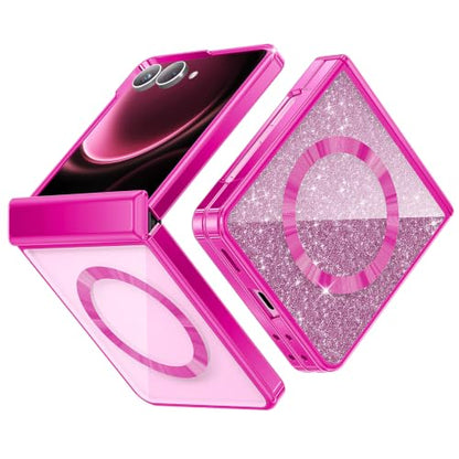 Meifigno for Samsung Galaxy Z Flip 8 Case Compatible with MagSafe, Hot Pink | Raised Camera Protection, Rugged Hinge Protection, Metallic Glossy Plated Edge & Crystal Clear Back, Detachable Glitter Card - color: Hot Pink, size: Z Flip 8