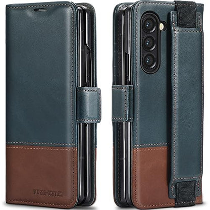 KEZiHOME Genuine Leather Wallet Case for Samsung Galaxy Z Fold 6 - color: Navy Blue Brown, size: Galaxy Z Fold 6 Case