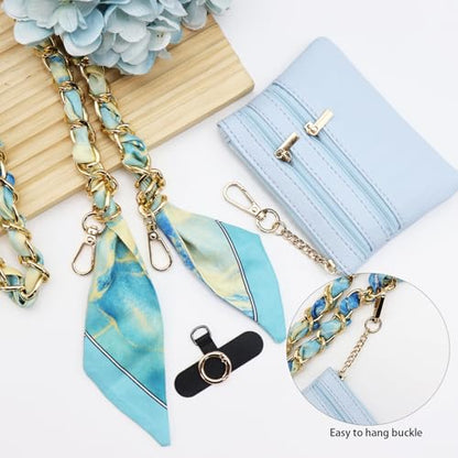 Phone Silk Strap with Zippered Pouch，Fashion Gold Chain(White) - color: White