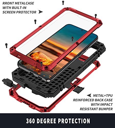 Simicoo Compatible with Samsung S22 Plus Metal Bumper Silicone Case with Stand Hybrid Military Shockproof Heavy Duty Rugged case Built-in Screen Protector Cover (Red) - color: Red, size: S22 Plus