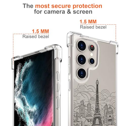 Hungo Galaxy S24 Ultra Case for Women Clear Design Cute,Girly Girls Case Compatible with Samsung Galaxy S24 Ultra Eiffel Tower Paris Cityscape Clouds Buildings Skyline City Tour - color: Cityscape